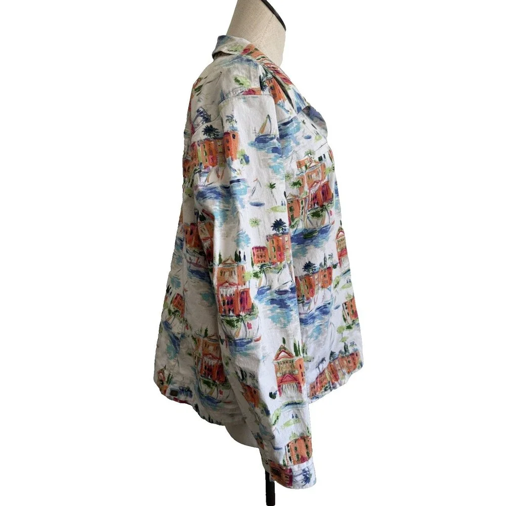 VTG CJ Banks Jacket Womens Size 2X Stretch Snap Button Artsy City White Print